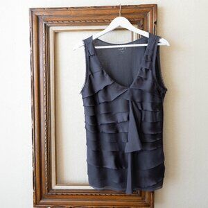 LOFT Sleeveless Ruffle Blouse M | Gray Layered Tie Front Top